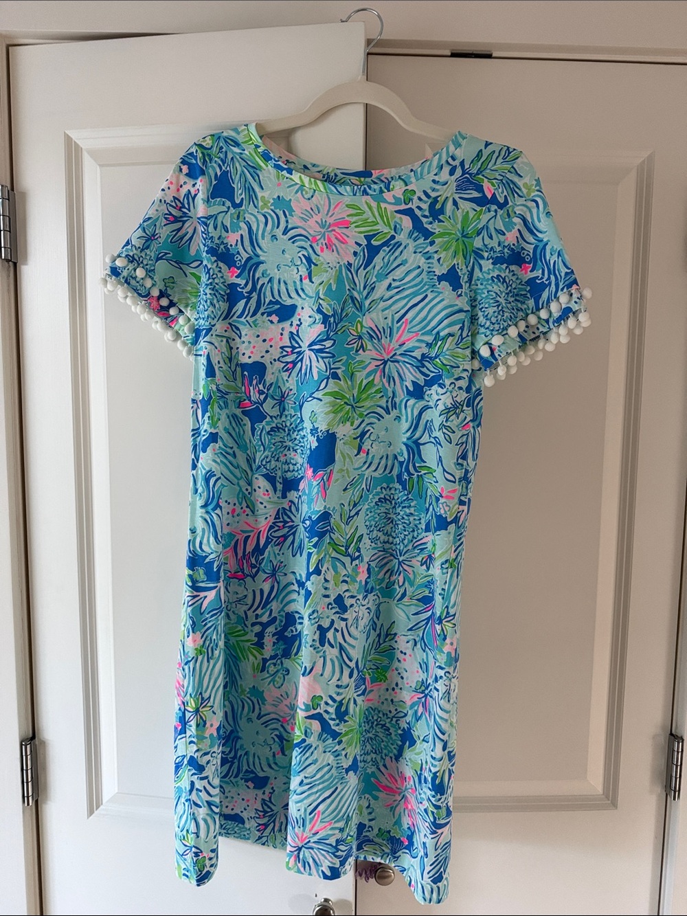 Lilly Pulitzer Blue, Pink & Green Tropical Pom-Pom Sleeve Mini Dress